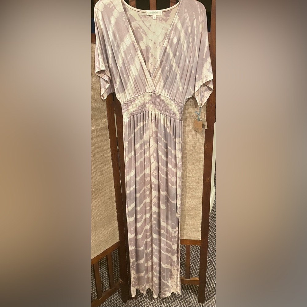 River+Sky Hand dyed maxi dress with wide sleeves, flowing full skirt with slit.